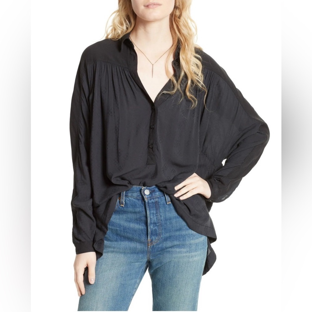 FREE PEOPLE Lovely Day Black Oversized Boho Button Down Pockets Size S - Picture 1 of 9